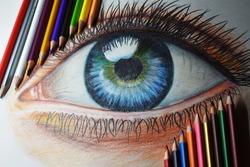 Blue eye drawn with colored pencils
