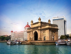 Gateway of India, famous hotel Mumbai Maharashtra monument landmark famous place  magnificent view without people with copy space for advertising Mumbai city
