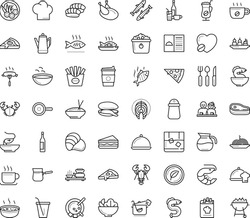 Thin outline vector icon set with dots - restaurant menu vector, starters, Soup, main dish, chef, Beverage, Pasta, Pizza, Salad, sandwich, chicken, vegetarian, dating, Seafood, mussel, sardine, eel