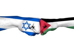 Israel - Palestine relations concept. Flags of Israel and Palestine
 painted on hands fists facing each other on white background