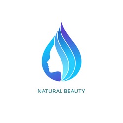 Beautiful Female Face in Drop with Waves. Vector Logo Template. Abstract Business Concept for Beauty Salon, Barbershops, Massage, Cosmetic and Spa.