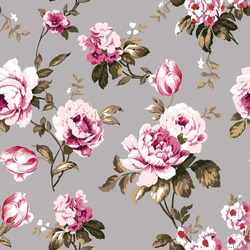 Shabby chic vintage roses, tulips and forget-me-nots vintage seamless pattern, classic chintz floral repeat background for web and print