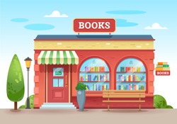 Bookstore with an awning above the entrance. Books in a shop window on shelves. Street shop. Vector illustration, flat style