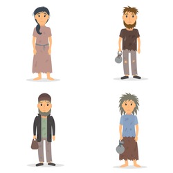 Homeless men and women set. Male and female beggar in rags collection. EPS10 vector illustration in flat style.