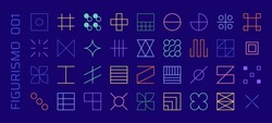 Set of vector abstract geometric linear icons of arrows and grids in memphis style, 