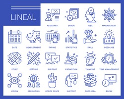  Line vector icons in a modern style. Search and selection of staff, Support and Assistance in Problem Solving, Jobs in the Corporation