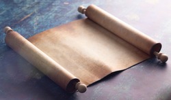 An Open Blank Scroll on a Blue Rustic Wooden Table