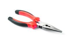 Close up new metal pliers, red and black rubber grip. Used for bending, cutting, clamping in electrical work. Repair or build. Isolated on white background. with clipping path.