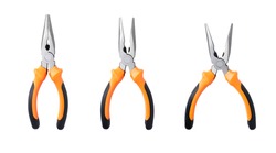 Set new metal pliers, orange and black rubber grip. Used for bending, cutting, clamping in electrical work. Repair or build. Isolated on white background.