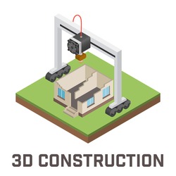 Industrial 3D printer prints a house concept. Isometric vector illustration