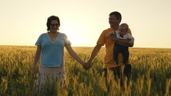 Joyful parents walk across field holding baby in arms. Loving young mother and father with small son join hands. Family promenades against sunset. Happy parenthood