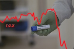 falling stock market prices, SIGNIFICANT PRICE LOSS EXPECTED -  economic consequences of a coronavirus pandemic, in hand tube with text corona test, blurred background, performance index dax