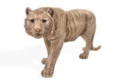 Beautiful statuette of a bronze tiger going to the camera isolated on a white background