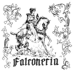 Vintage vector drawing in the style of medieval engraving. The Latin inscription is falconry. A girl rides a horse and holds a Falcon on her hand. The frame is made of an old ornament. Hand-drawn