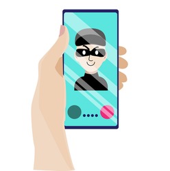 The hand holds the phone on which the fraudster calls. A phone thief tries to trick you into finding out your credit card passwords. Watch out  robber! Vector illustration in a flat style.