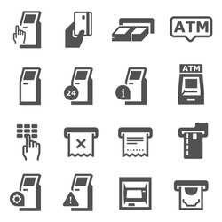 Cash dispenser, ATM black and white icons set. Terminal, minibank, banking pictograms collection, logos. Bank card, receipt, banknote, money, payment vector isolated elements for infographic, web.