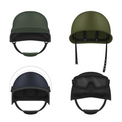 Military helmets realistic set. Soldier hardhat. War outfit. Army uniform elements. Protective headwear, headdress, cap. Vector helmets collection illustration isolated on white background.