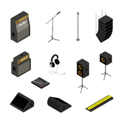 Isometric music stage equipment sound system icons set.Studio monitor,microphone stand,mixing console,headphones,line array,amplifier,loudspeakers,cable cover-audio recording,reproduction devices