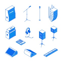 Isometric music stage equipment sound system monochrome icons set.Studio monitor,microphone stand,mixing console,headphones,amplifier,loudspeakers,cable cover-audio recording,reproduction devices