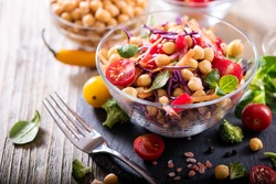Healthy homemade chickpea and veggies salad, diet, vegetarian, vegan food, vitamin snack