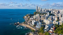 Aerial view of cityscape of Salvador, modern city skyline with skyscrapers - Bahia, Brazil, landscape panorama of South America from above