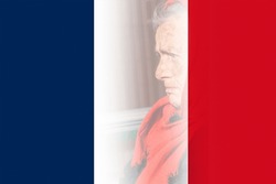 Protests France Paris. France flag. Protest in France. Pension reforms. Retirement age. Bastille day. Old 90s woman sad. Out of focus.