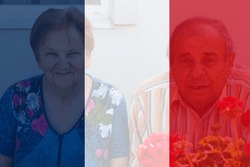 Protests France Paris. France flag. Protest in France. Pension reforms. Retirement age. Bastille day. Old 60s woman and man. Out of focus.