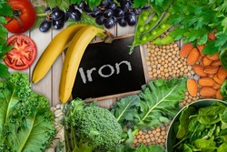 Plant based sources of iron background. broccoli, banana, tomatoes, almond, spinach, green peas, collards, grapes, kale, soya been and nuts are iron-rich foods.