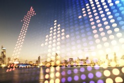 Double exposure of abstract virtual upward arrows hologram on Chicago city skyscrapers background. Ambition and challenge concept
