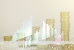 Multi exposure of virtual abstract financial diagram on growing coins stacks background, banking and accounting concept