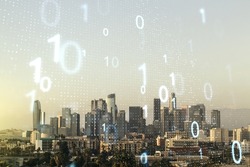 Abstract virtual binary code sketch on Los Angeles office buildings background, hacking and matrix concept. Multiexposure