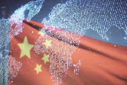 Multi exposure of abstract graphic world map hologram on flag of China and blue sky background, connection and communication concept