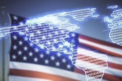 Virtual digital map of North America on USA flag and sunset sky background, international trading concept. Multiexposure