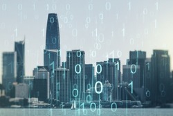 Abstract virtual binary code illustration on San Francisco skyline background. Big data and coding concept. Multiexposure