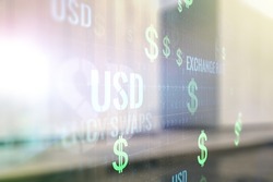 Virtual USD symbols illustration on blurry modern office building background. Trading and currency concept. Multiexposure