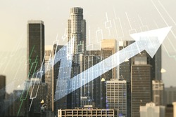 Multi exposure of abstract financial diagram and upward arrow on Los Angeles office buildings background, rise and breakthrough concept