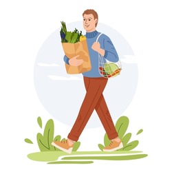 Man full length holding eco vegetables in grocery paper bag and string bag. Vegan boy eat organic products. Zero waste concept. Flat vector illustration