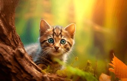 Portrait of a charming kitten. Kitten in autumn. Autumn kitten portrait. Cute kitten in autumn nature