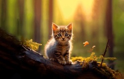 A little kitten in the wild forest. Kitty in autumn. Autumn cat portrait. Cute kitten in autumn forest