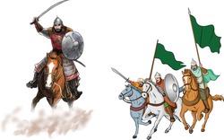 A group of knights ride horses running from Arab and Islamic history
