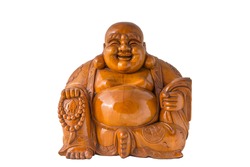 Wood Smiling Buddha with isolated background
