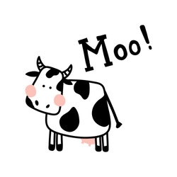 vector illustration of a cute cow on isolated background and hand lettering Moo text
