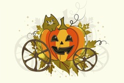 Vintage carriage - pumpkin with a cute ginger cat and rusty wheels on a light background. Sketch for a poster or postcard for the holiday of Halloween or Thanksgiving. Isolated vector cartoon .