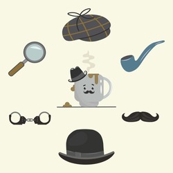 Detective set. Bowler hat, cap, smoking pipe, magnifying glass, detective-sleuth mustache. Gentlemen's set. Isolated vector icons. Private detective accessories, classic Sherlock Holmes paraphernalia.