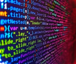Matrix byte of binary data rian code running abstract background in dark blue digital style. Computer script coding source code on desktop monitor
