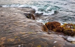 Long exposure view of sea wave on seaweeds at Multong(bucket) Rock near Pohang-si, South Korea 
