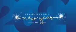 We wish you Happy New Year 2021 handwritten lettering tipography line design sparkle firework gold white blue year 2021 background