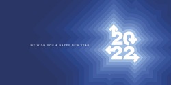 We wish you Happy New Year 2022 white modern typography 2022 success arrows abstract shining blue background greeting card