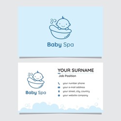 Business card template for baby spa. Mom and baby care. Hand drawn, doodle, icon baby logo for business, company, store. 
Branding identity for baby care. Cute business card. Kids bath illustration.