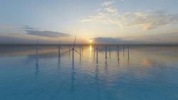 Windmills in the sea. Wind power. Green energy.